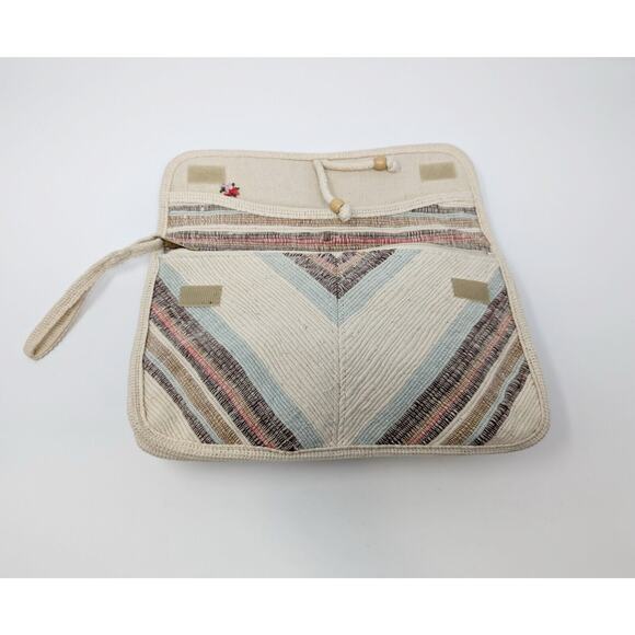 Vintage 80s Clutch Purse Beige Colorful Stripe Woven Bag - Picture 6 of 9